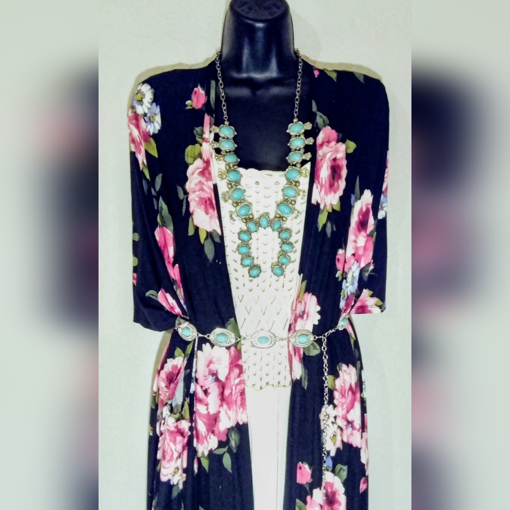 Beautifully Styled Boho Maxi, Flower Kimono & Squash Blossom Jewelry